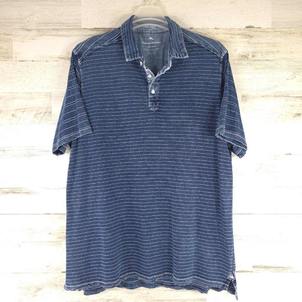 TOMMY BAHAMA MEN'S SIZE XXL 2XL BLUE POLO SHIRT SHORT SLEEVE WHITE STRIPED *FLAW